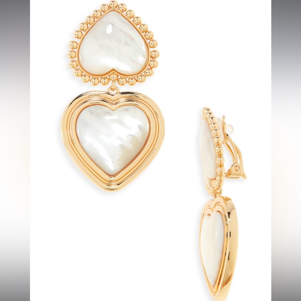 Tory Burch Gold and Mother of Pearl Heart Clip on Earrings